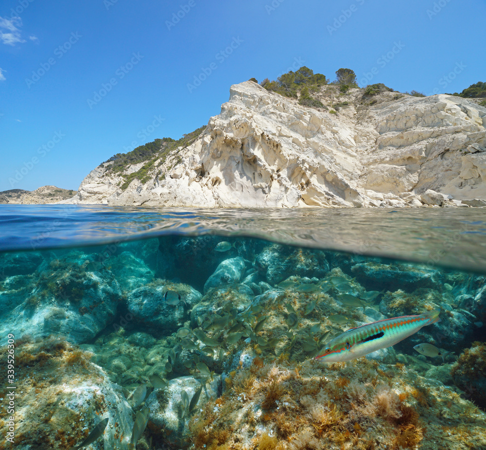 Mediterranean sea rocky coast in Spain with fish underwater, split view over and under water surface, Costa Blanca, Javea, Alicante, Valencia