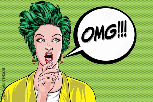 Glam Woman OMG with speech bubble Pop Art Retro Vector Illustration