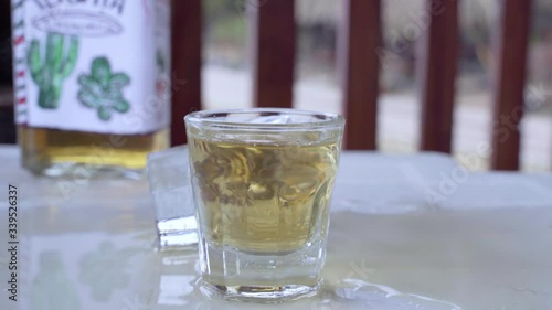 Dogs paw moves full glass of tequila, flips it over and liquid spills onto the table in outdoor cafe, close up, bottle with alcohol on blurred background. Pet teetotaler against strong drinks.