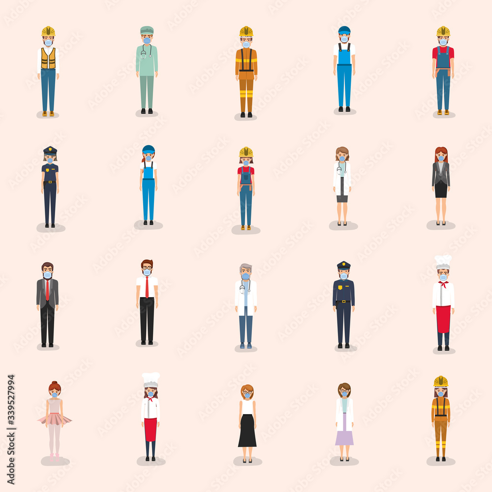 Workers with masks against 2019 ncov virus vector design Workers with masks against 2019 ncov virus vector design