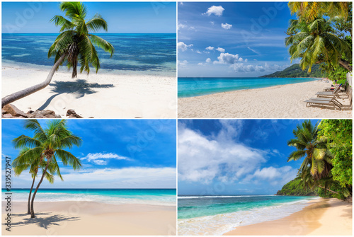 Fototapeta Naklejka Na Ścianę i Meble -  Tropical white sand beach with coco palms and the turquoise ocean on Paradise island. Kit 4 stock photos styled paradise beach.