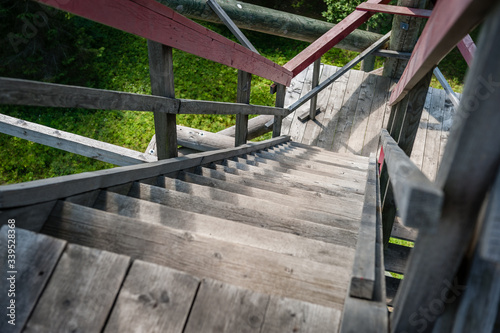 Close up view of observation tower. Viewing tower construction elements and stairs. Kamparkalns Hill. Latvia. Baltic.