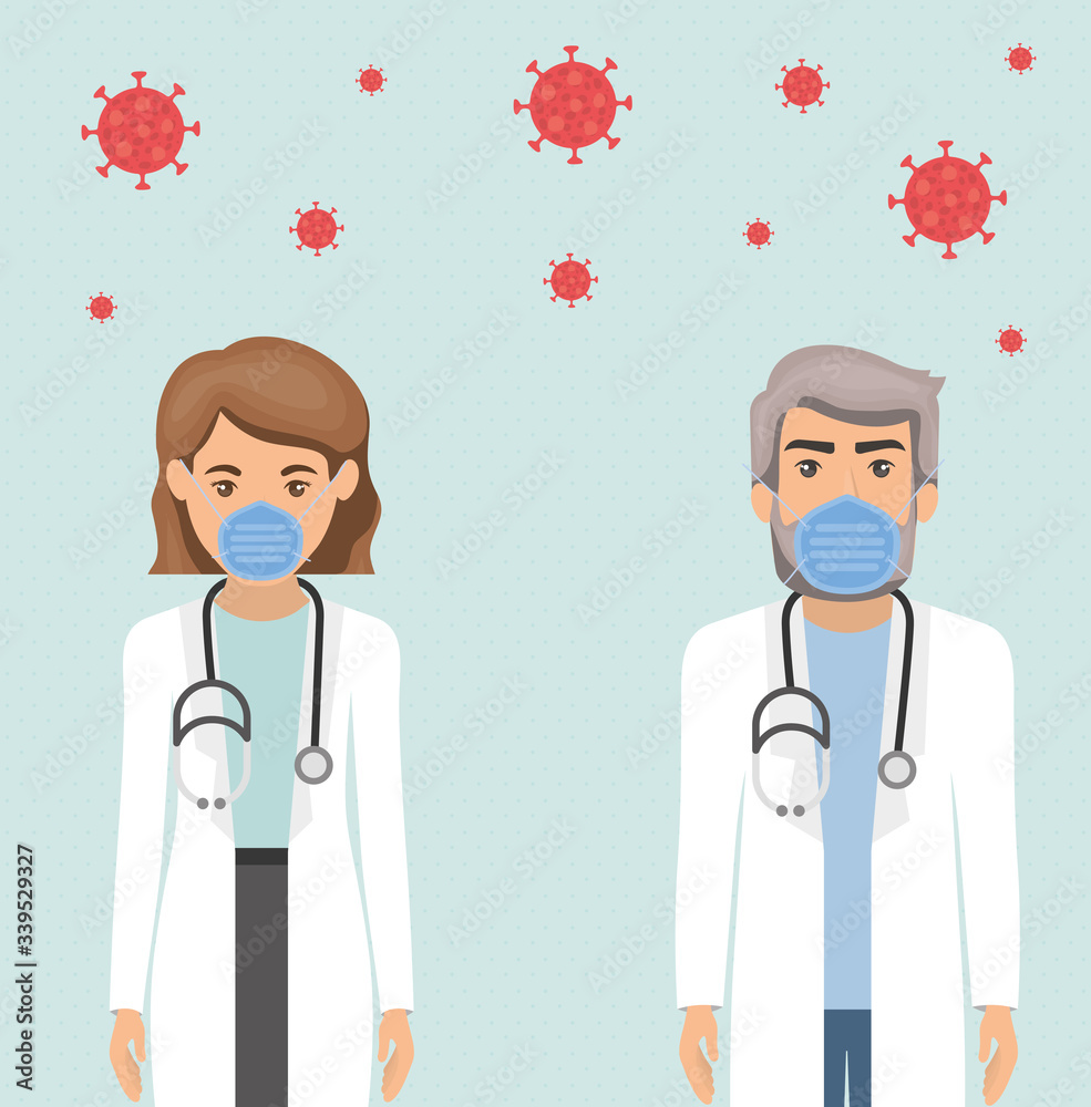 Woman and man doctors with masks and uniforms against 2019 ncov virus vector design Woman and man doctors with masks and uniforms against 2019 ncov virus vector design