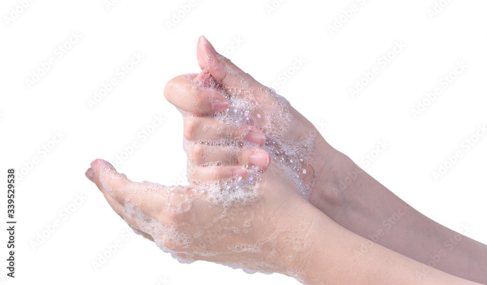 Washing hand step instruction isolated on white background. Asian young woman using liquid soap, concept of protecting pandemic coronavirus, close up.