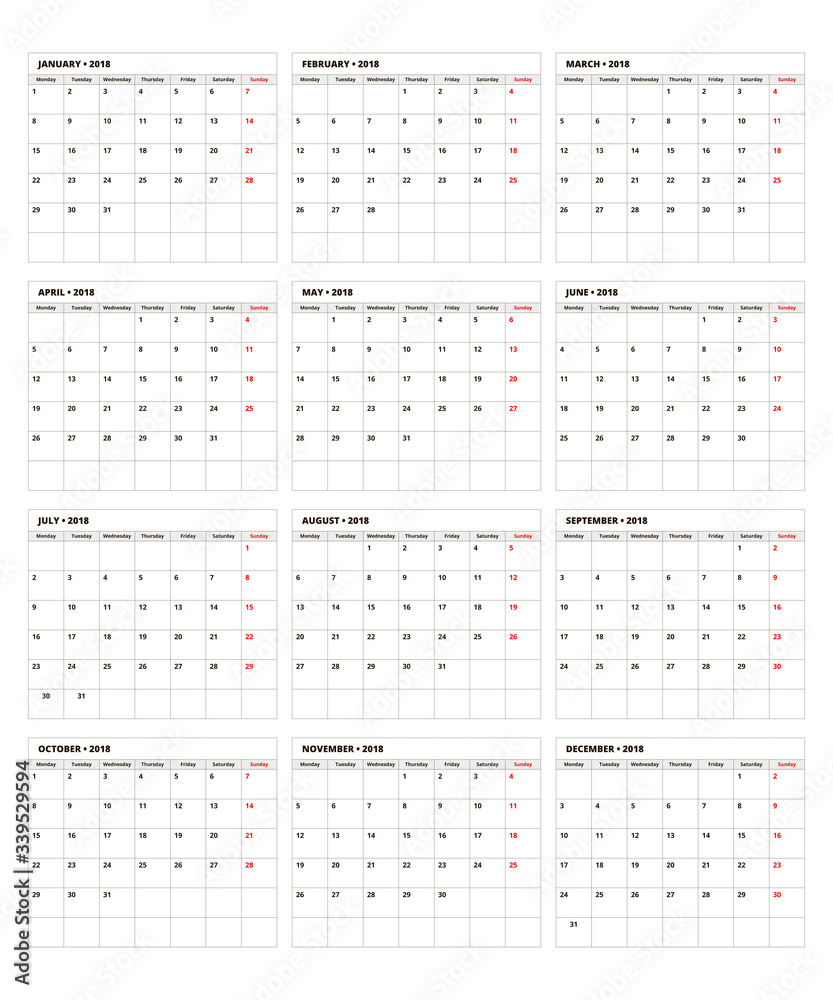Calendar Planner 2018. Calendar grid with place for notes, 2018 calendar template. Calendar Planner 2018. Calendar grid with place for notes, 2018 calendar template.