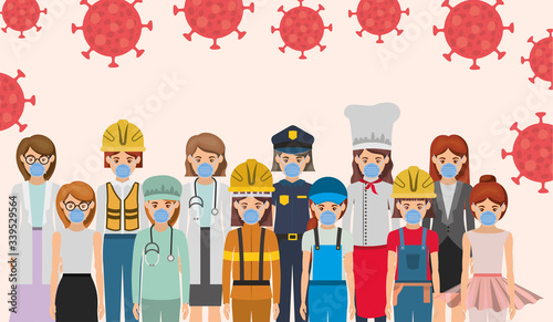 Women workers with masks against 2019 ncov virus vector design