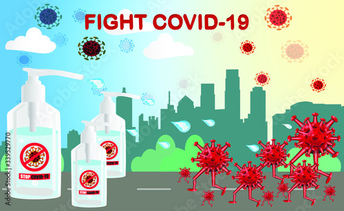 FIGHT COVID-19. Bottle of alcohol gel press droplets for the fight to coronavirus. Alcohol gel attack COVID-19. Infection, COVID-19.
