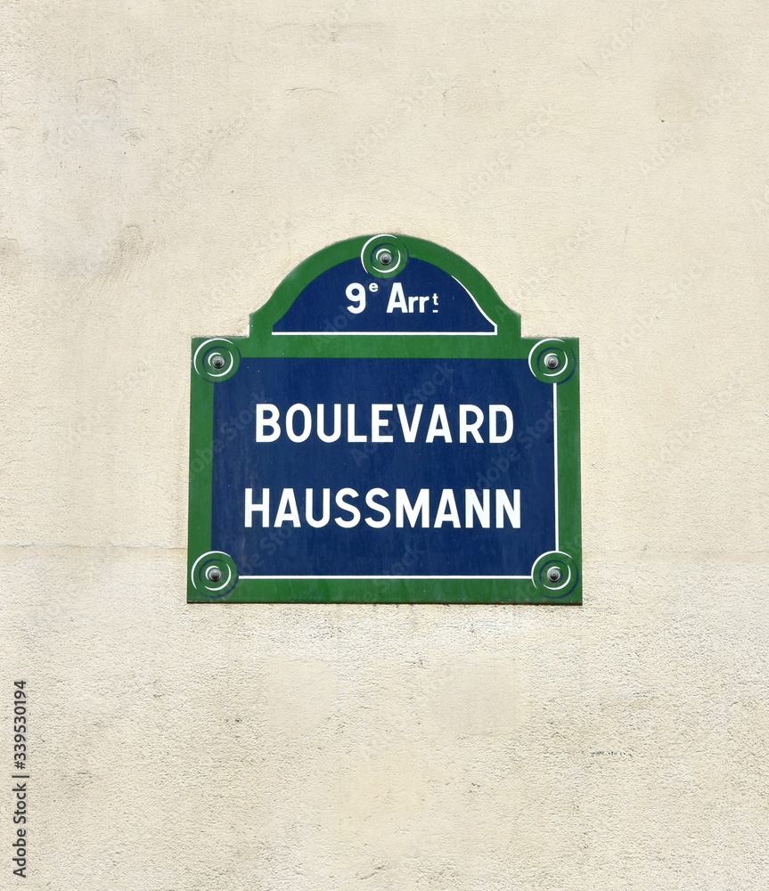 Boulevard Haussmann street sign close-up. Paris, France.