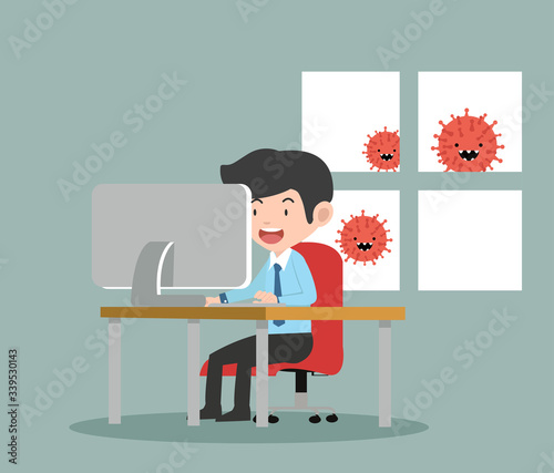 businessman working at her desk at home with Cartoon Covid-19