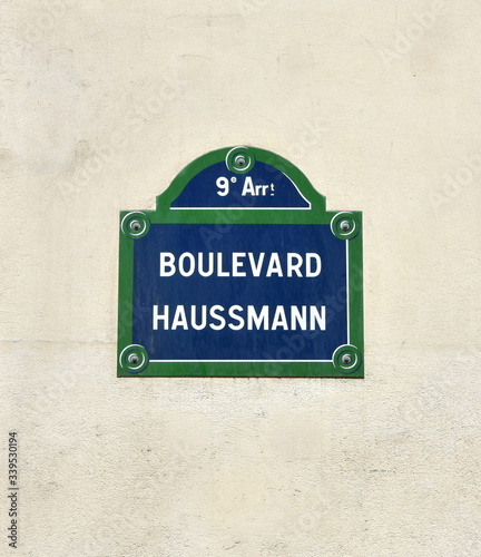 Boulevard Haussmann street sign close-up. Paris, France.  © JB