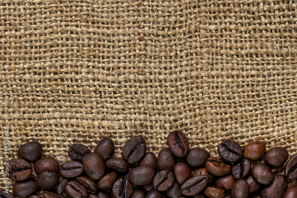 Coffee. A series of Flatlay coffee layouts. Coffee beans macro photo. The texture of coffee beans. Coffee beans on burlap texture