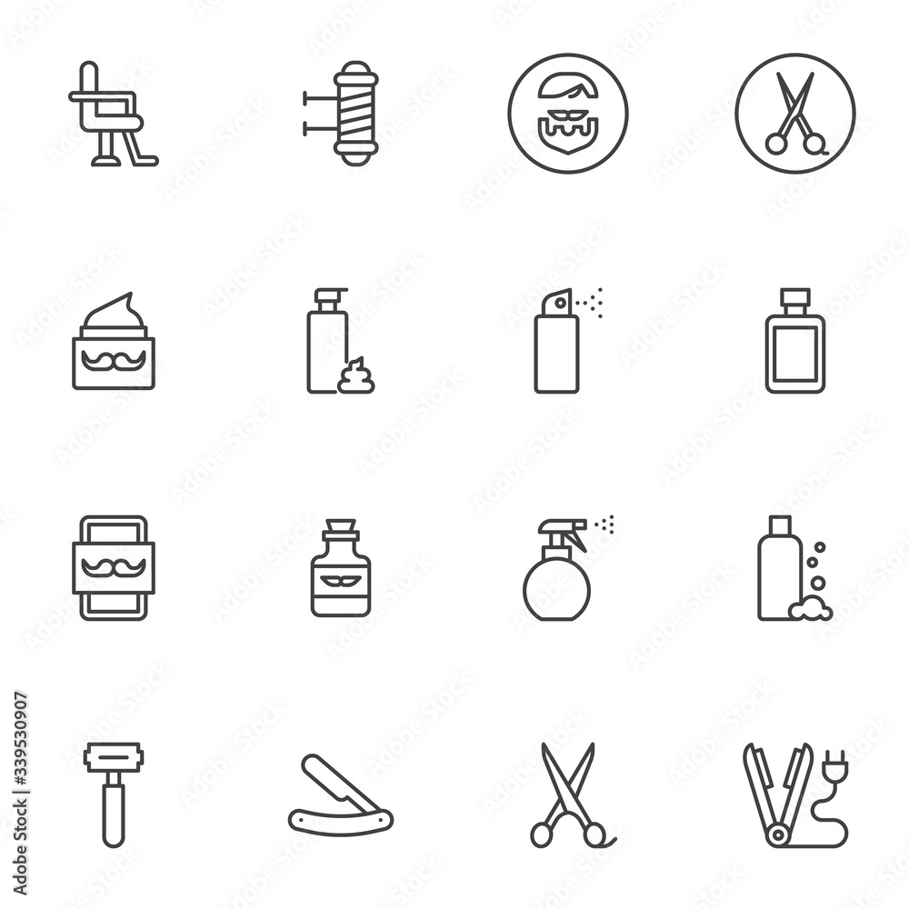 Barber shop accessories line icons set. linear style symbols collection, outline signs pack. vector graphics. Set includes icons as armchair, scissors, shave razor, mustache balm, shaving foam, spray Barber shop accessories line icons set. linear style symbols collection, outline signs pack. vector graphics. Set includes icons as armchair, scissors, shave razor, mustache balm, shaving foam, spray