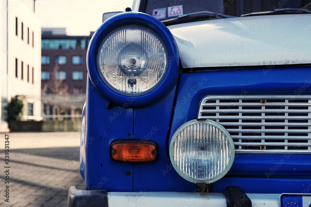 close up of a blue trabant built in the German Democratic Republic oldtimer car