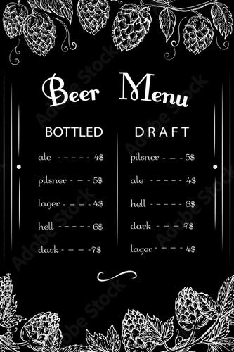 chalk drawn beer bar, pub, restaurant menu template. Vintage engraved beerhouse, brewerry background on black chalkboard. Vector hand drawn illustration. beer label with hops frame. Octoberfest banner