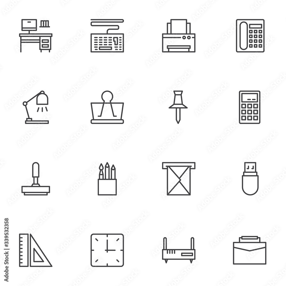 Office supplies line icons set. linear style symbols collection ...