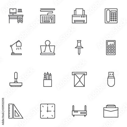 Office supplies line icons set. linear style symbols collection, outline signs pack. vector graphics. Set includes icons as workspace, pc computer, fax printer, telephone, desk lamp, clock, push pin