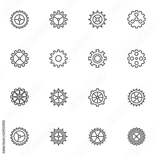Gear line icons set. linear style symbols collection, outline signs pack. vector graphics. Set includes icons as cogwheel, settings cog, clock mechanism
