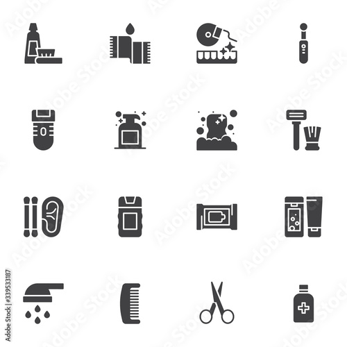 Personal hygiene vector icons set, modern solid symbol collection, filled style pictogram pack. Signs, logo illustration. Set includes icons as oral hygiene, toothpaste and brush, liquid soap bottle