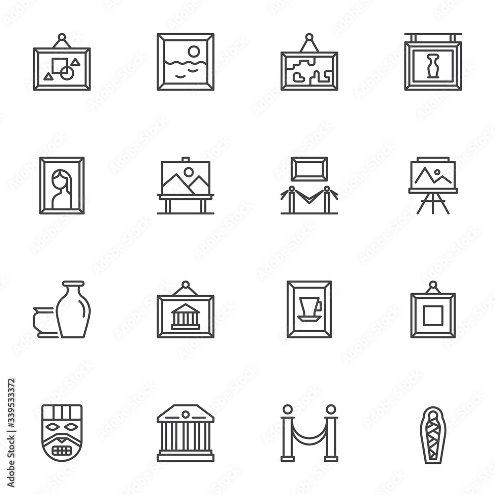 Museum exhibits line icons set. Art gallery linear style symbols collection, outline signs pack. vector graphics. Set includes icons as paintings, ancient vases, museum building, mummy, face mask