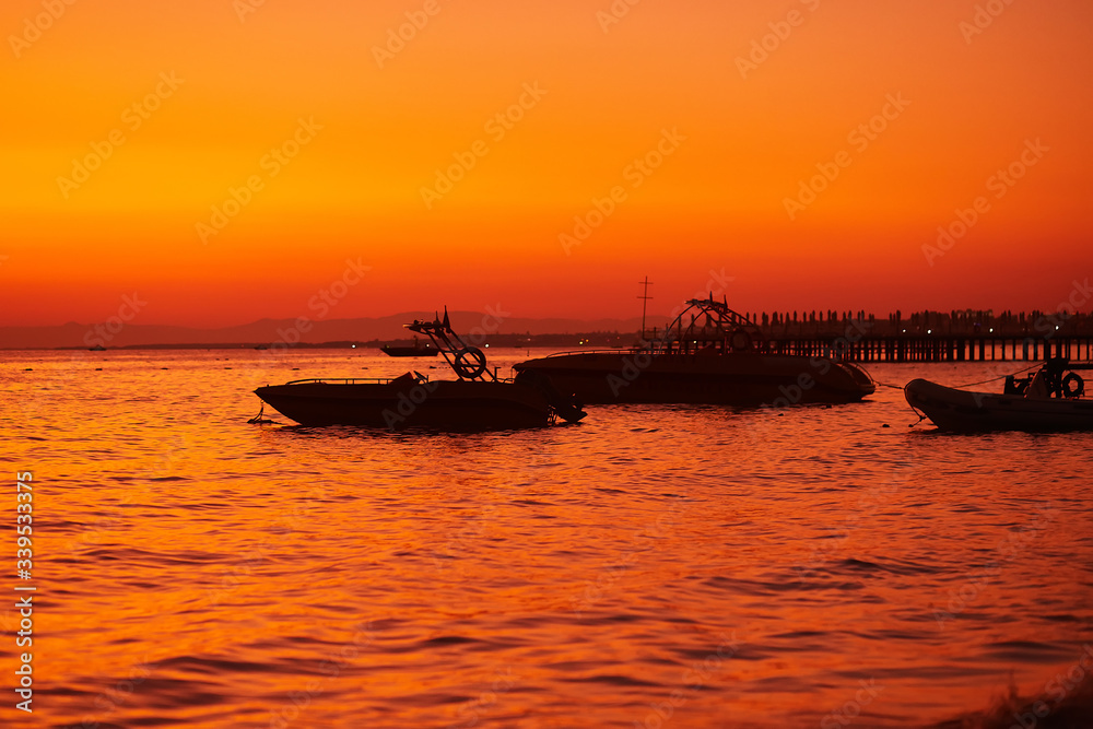 sunset, silhouette photo, sea, boats