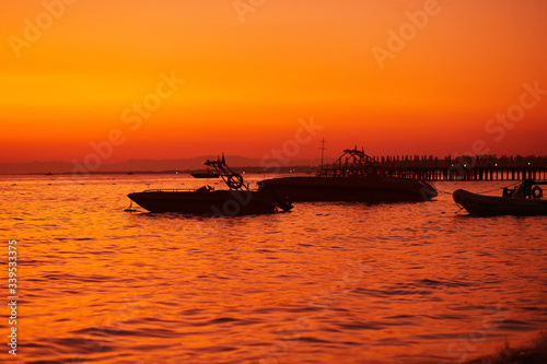 sunset, silhouette photo, sea, boats