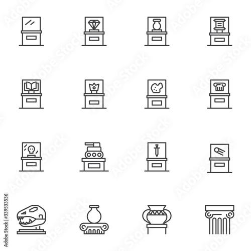 Museum ancient exhibits line icons set. linear style symbols collection  outline signs pack. vector graphics. Set includes icons as ancient amphora  dinosaur  ancient architecture column  parchment