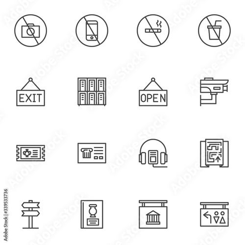 Museum control system line icons set. linear style symbols collection, outline signs pack. vector graphics. Set includes icons as prohibition signs, lockers, exit signboard, cctv camera, guide book