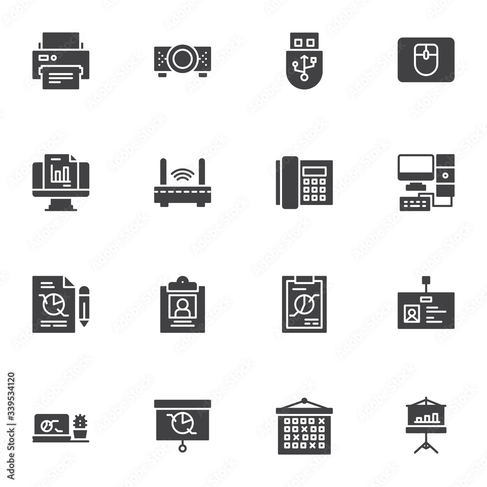Office tools vector icons set, modern solid symbol collection, filled style pictogram pack. Signs, logo illustration. Set includes icons as printer, projector screen, computer mouse, modem, telephone