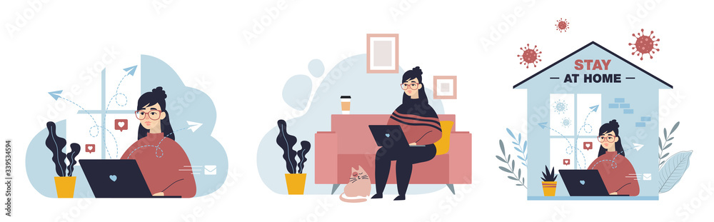Stay home concept. Girl in glasses work on laptop at home. Coronavirus Covid-19 outbreak. Freelancer keeps social distancing. Quarantine health care banners template. Trendy flat vector illustration. Stay home concept. Girl in glasses work on laptop at home. Coronavirus Covid-19 outbreak. Freelancer keeps social distancing. Quarantine health care banners template. Trendy flat vector illustration.