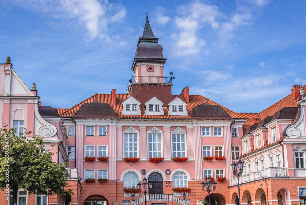 Front facade of City Hall building in Ilawa city, Poland