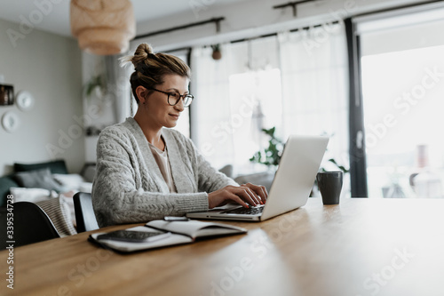 Businesswoman working on laptop computer sitting at home and managing her business via home office during Coronavirus or Covid-19 quarantine