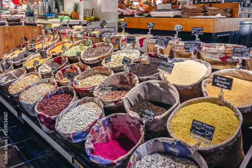 Store with grain and seeds on the San Anton indoor market in Madrid city, Spain