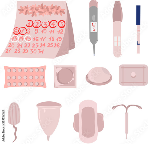Set of objects for women's health. Reproduction and contraception. Pregnancy and menstruation. Pregnancy test, calendar and pills. Condom, vaginal ring and uterine spiral. Tampon, menstrual cup.