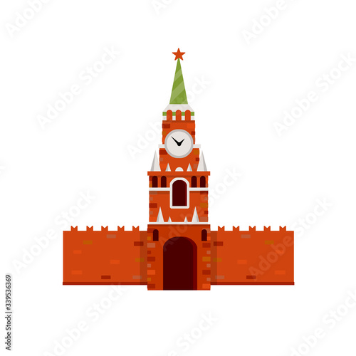 Residence of the Russian President on red square. Moscow's kremlin. Tourist destination for tour to capital. Fortress with a tower and wall. A tourist attraction. Cartoon flat illustration