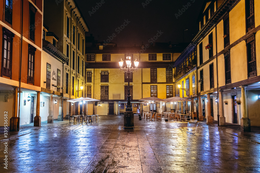 Evening view of Fontan Square in historic part of Oviedo city, Spain