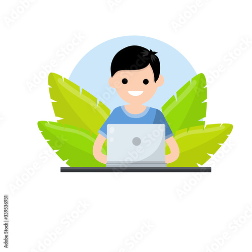 Man sit at table with laptop. Concept of Education. Cartoon Flat cartoon. Teaching and learning. Green plant leaves.