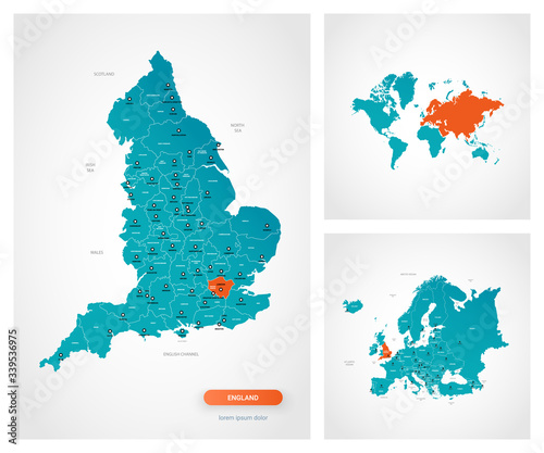 Editable template of map of England with marks. England  on world map and on Europe map.