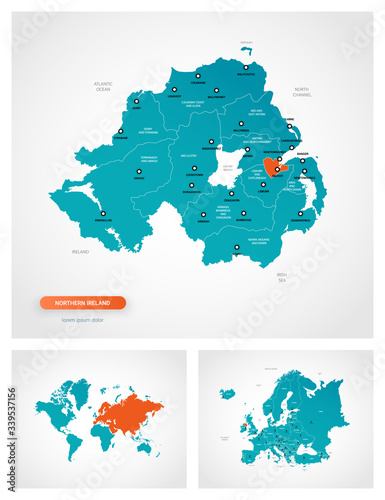 Editable template of map of Northern Ireland with marks. Northern Ireland  on world map and on Europe map.