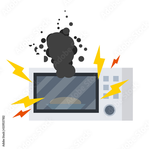 Microwave's on fire. Repair and breakdown of device. trouble cooking. Dangerous fire situation. Cartoon flat illustration. Flames in kitchen. Problem with household appliances