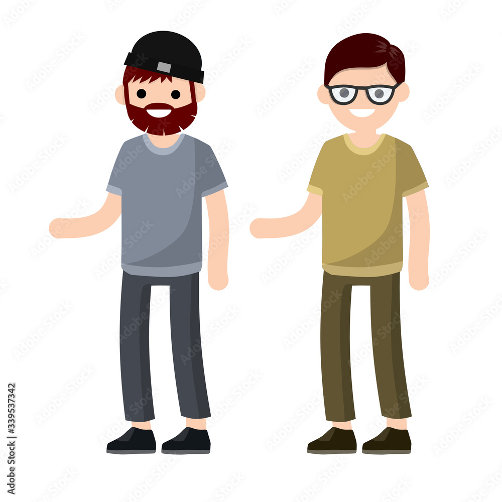 Young man. Set of Guys in gray t-shirt and jeans. The gesture of taking and giving hands. Cartoon flat illustration isolated on white