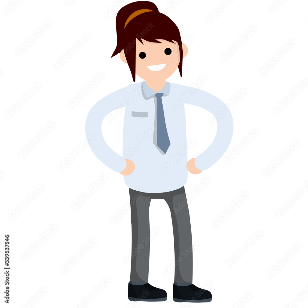 Successful businesswoman in strong pose. Hands at the waist. Cartoon flat illustration. Office worker. Happy woman in suit and tie Successful businesswoman in strong pose. Hands at the waist. Cartoon flat illustration. Office worker. Happy woman in suit and tie