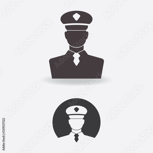 Icon of an authority in a uniform and an officer cap. Silhouette of security control, law enforcement or a guard. Customs control, military id checkpoint.