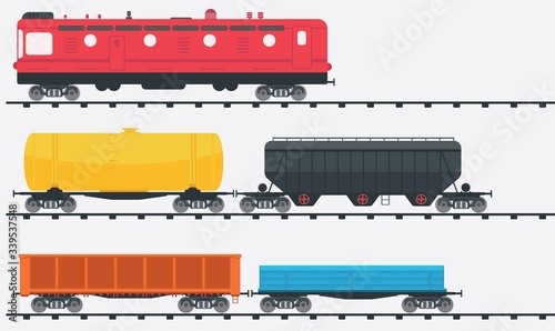 Freight train locomotive with three kinds of railcars. Railroad cargo transport. Railway carriage with goods wagons.