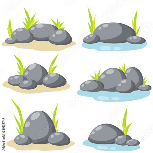 Set of stones for the background. Forest and mountain environment. Granite on white background. Gray cobblestone with moss and grass