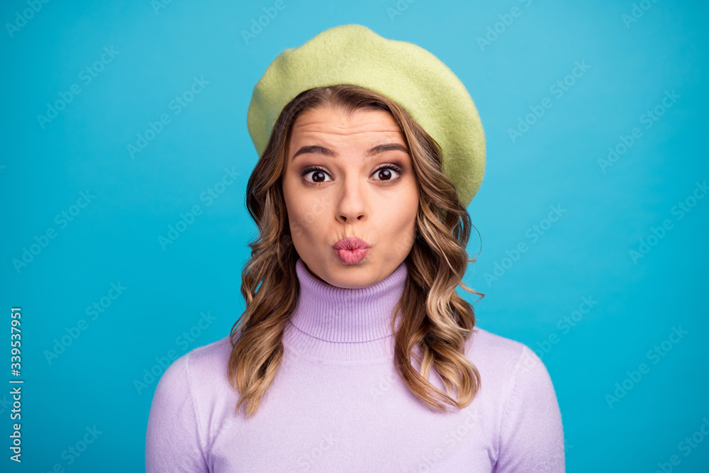 Portrait of charming lovely girl enjoy 14-february holiday send air kiss want fun her boyfriend wear casual style clothing isolated over blue color background Portrait of charming lovely girl enjoy 14-february holiday send air kiss want fun her boyfriend wear casual style clothing isolated over blue color background