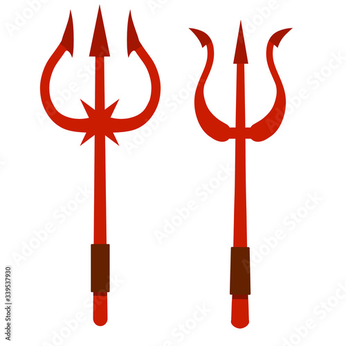 Devil's Trident. Hell fork. Cartoon flat illustration. Set of Halloween red evil demon costume item. Weapon Of Satan