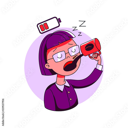 cute girl pouring coffee in her mouth. tired sleepy overworked office worker. charging with energy drink, no power, no activity concept. cartoon style. isolated vector illustration on white background