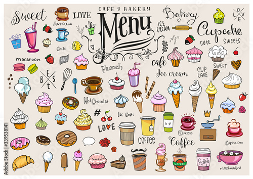 Drawings of various objects for cafes or bakery