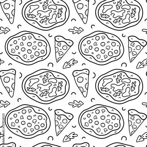 Pizza doodle pattern, linear hand drawn art good for wrapping paper, tasty italian pizza with mozzarella and sausage, pepperoni and margarita, black and white background, cartoon drawing