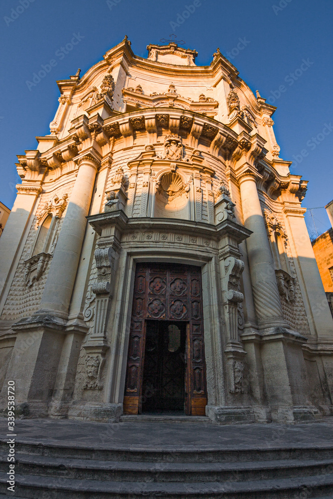 Exterior of a baroque church in the city of Lecce in Puglia, Italy.